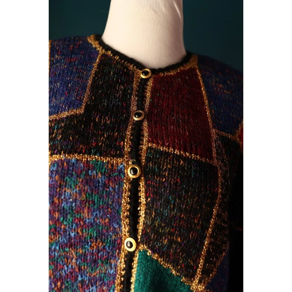 Vintage 80s Deadstock Career Fashion Color Block Mohair Metallic Funky Cardigan